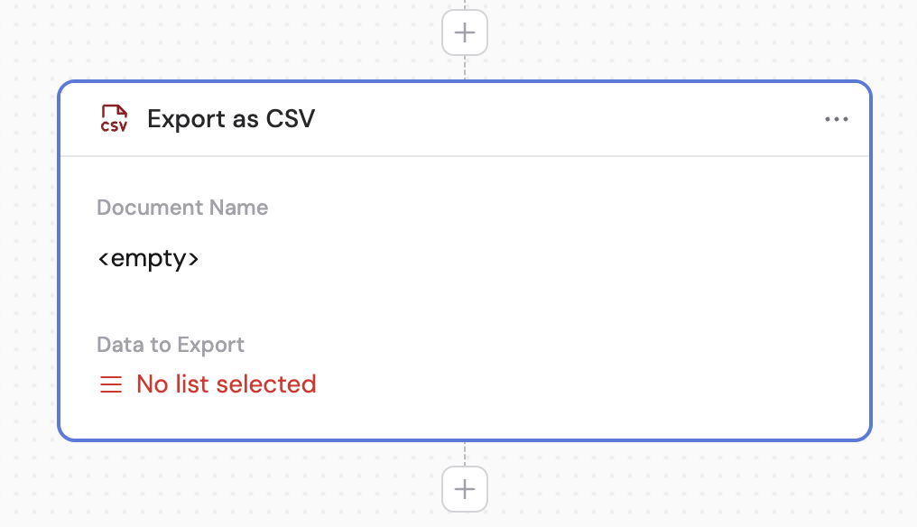 Action library with Export as CSV selected