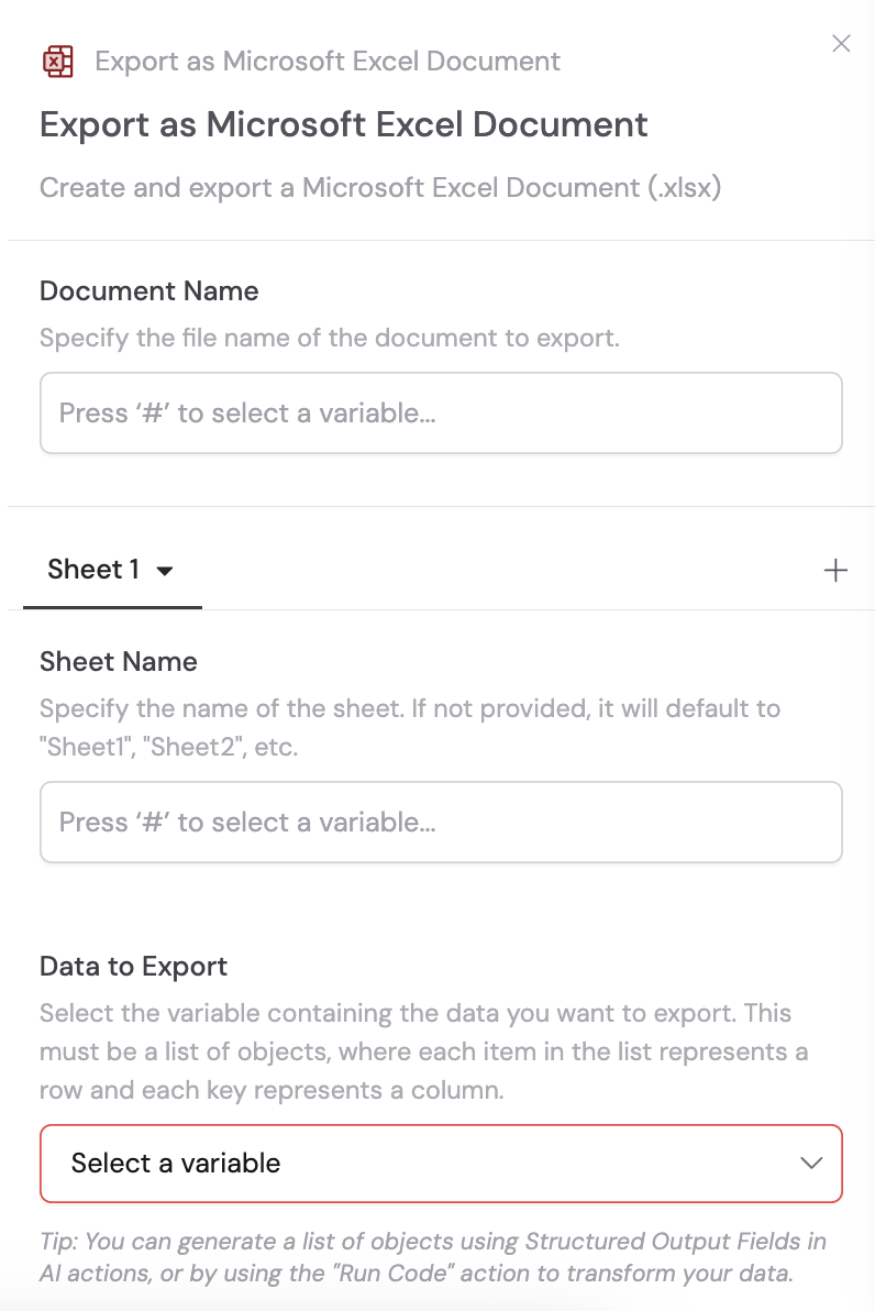 Adding the Export as Microsoft Excel Document action between blocks