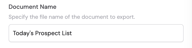 Document name field for the Excel file