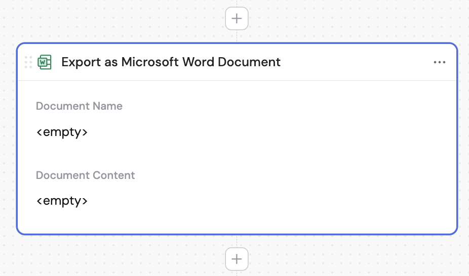 Action library with Export as Microsoft Word Document selected