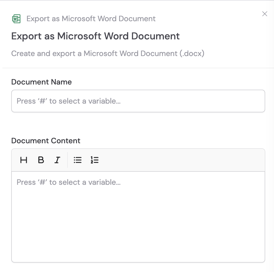 Adding the Export as Microsoft Word Document action between blocks