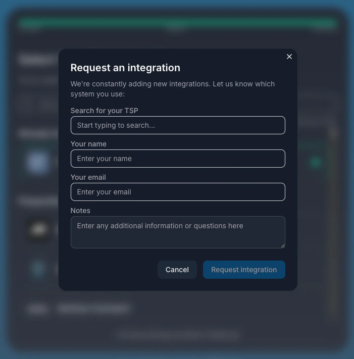 Request an integration menu