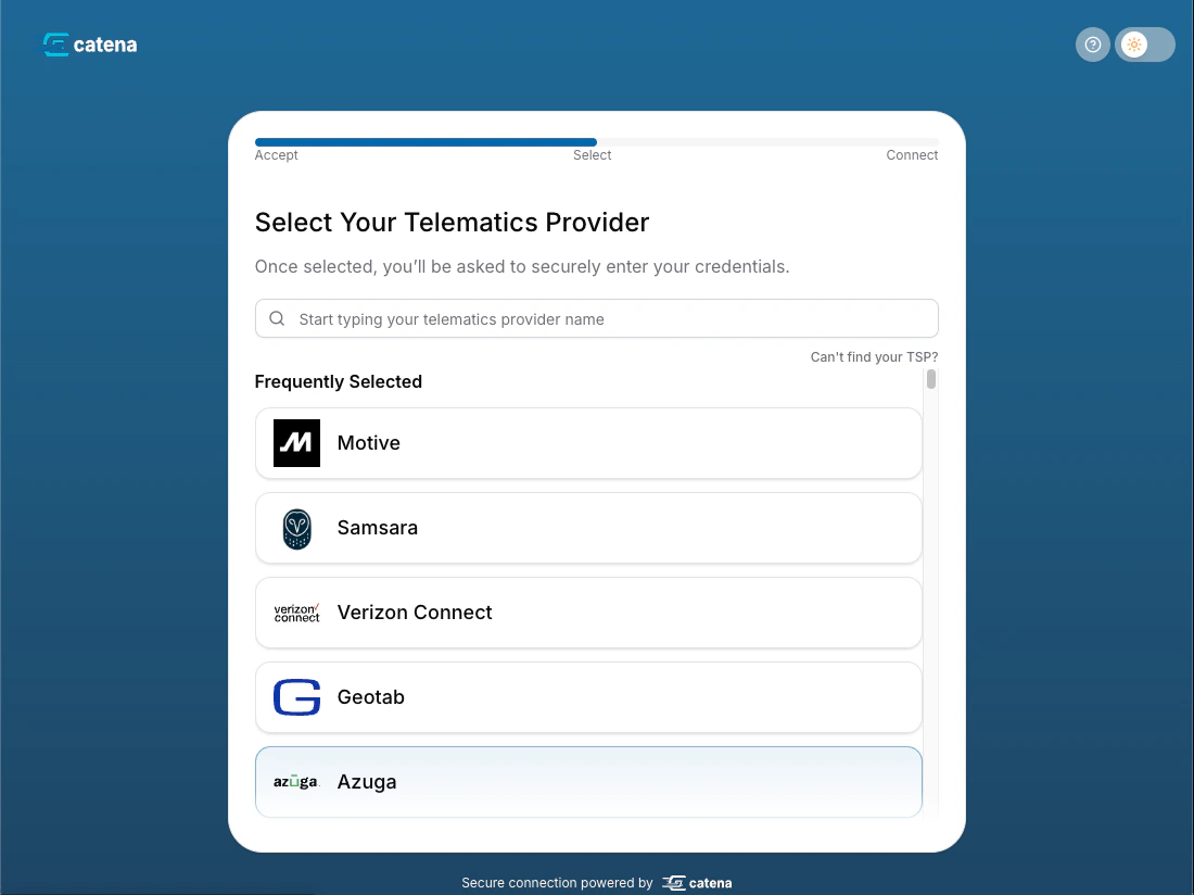 Telematics provider selection screen