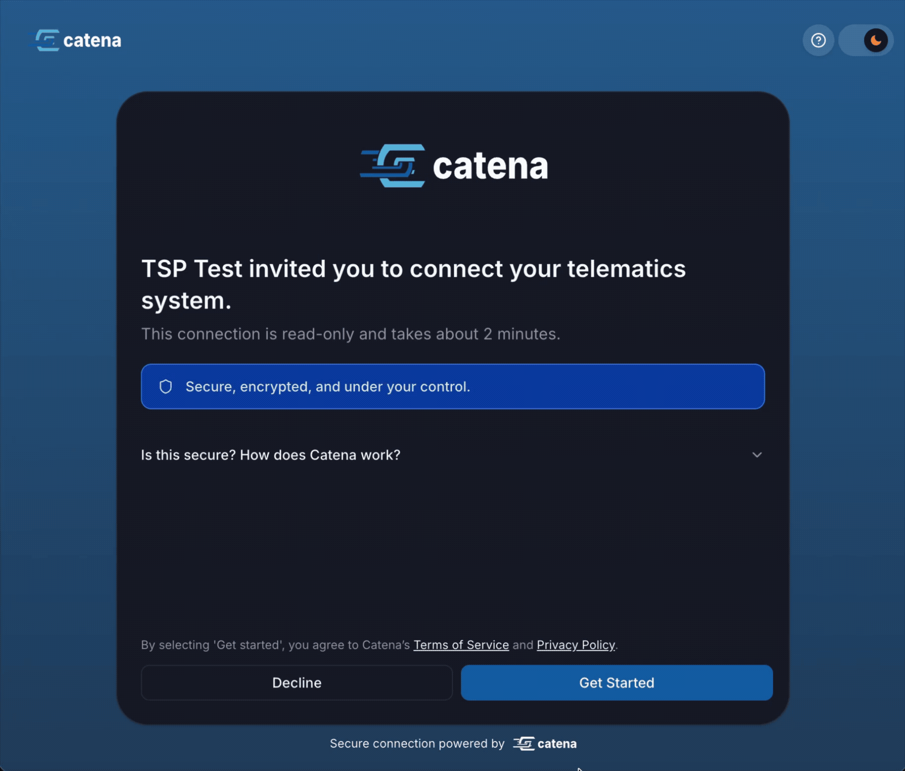 Animated walkthrough of fleet onboarding process showing acceptance, TSP selection, authentication, and successful connection