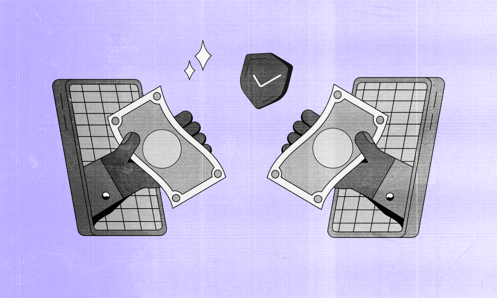 Two hands exchanging money through smartphones, symbolizing secure digital payments.