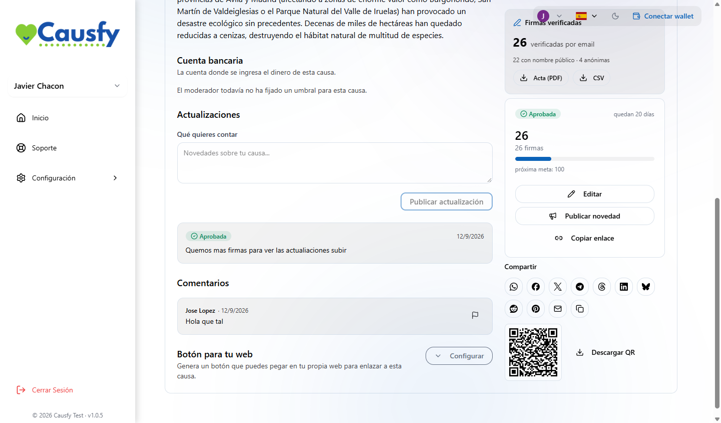 Sección de compartir de una causa, con los botones de redes sociales, el código QR descargable y el generador del botón para otra web