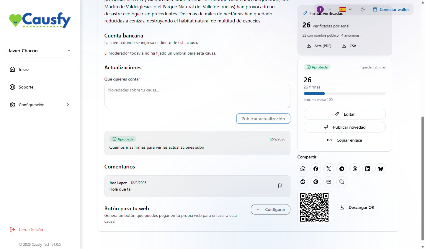 Sección de compartir de una causa, con los botones de redes sociales, el código QR descargable y el generador del botón para otra web