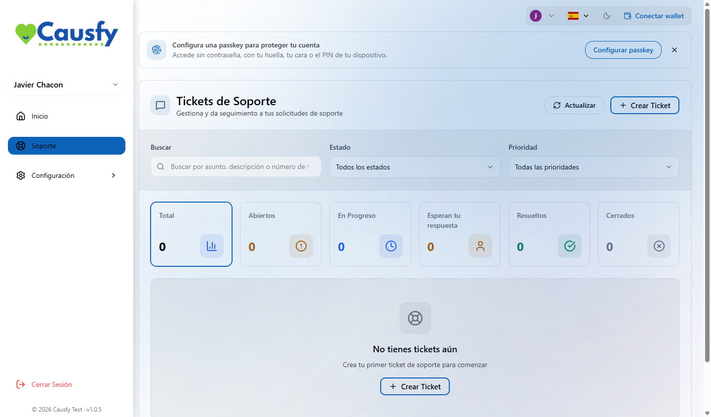 Pantalla de soporte vacía, indicando que no hay tickets y ofreciendo crear el primero