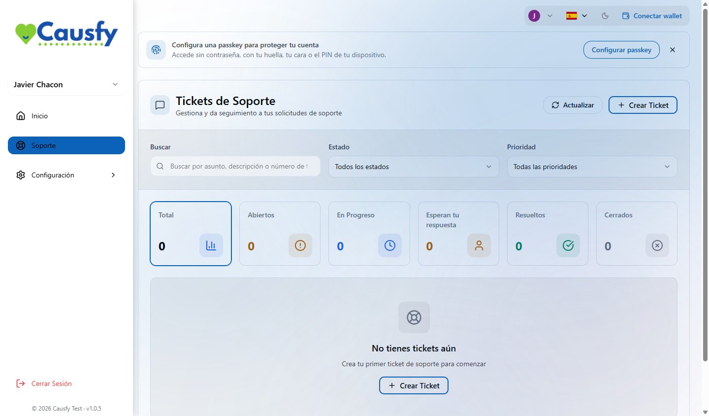 Pantalla de soporte vacía, indicando que no hay tickets y ofreciendo crear el primero