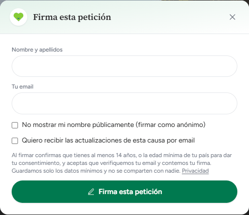 Finestra Firma questa petizione con i campi Nome e cognome e La tua email, le caselle per firmare come anonimo e ricevere aggiornamenti, la frase di consenso e il pulsante verde Firma questa petizione