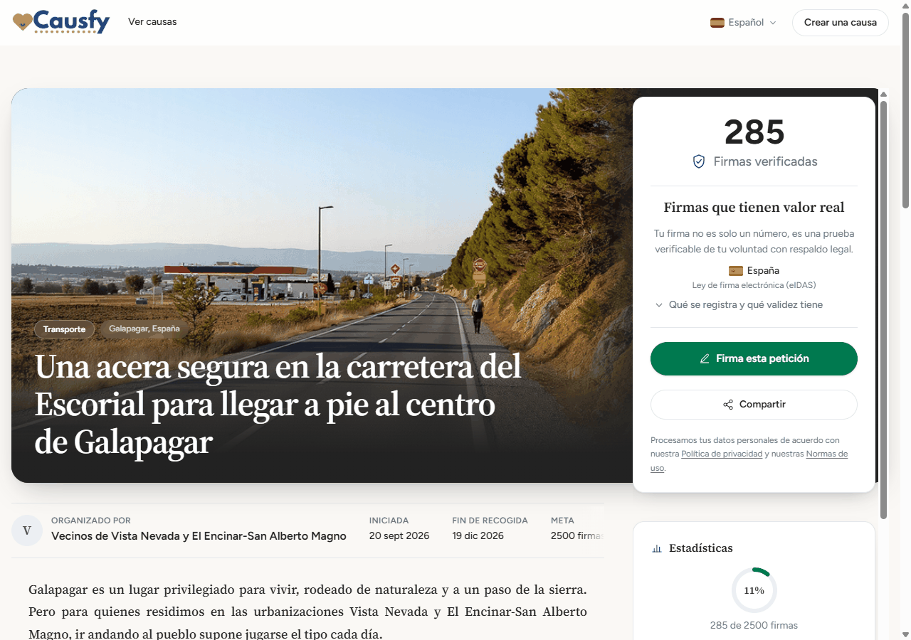 Pagina pubblica di una causa con la foto, il titolo, chi la organizza e, a destra, la scheda con il numero di firme verificate e il pulsante Firma questa petizione