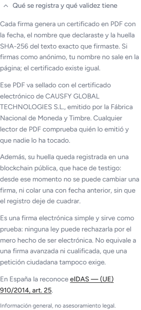 Sezione espandibile Cosa viene registrato e che valore ha, aperta, con i paragrafi sul certificato in PDF, il sigillo elettronico, la registrazione su blockchain e la legge che riconosce la firma