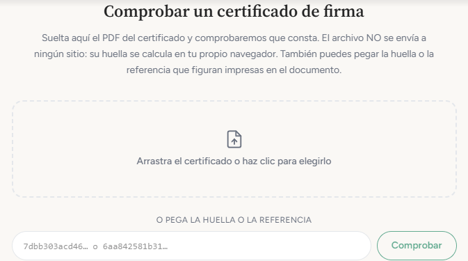 Pagina Controllare un certificato di firma con un'area per trascinare il PDF del certificato, un campo per incollare l'impronta o il riferimento e il pulsante Controlla