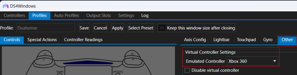 DS4Windows emulated controller setting