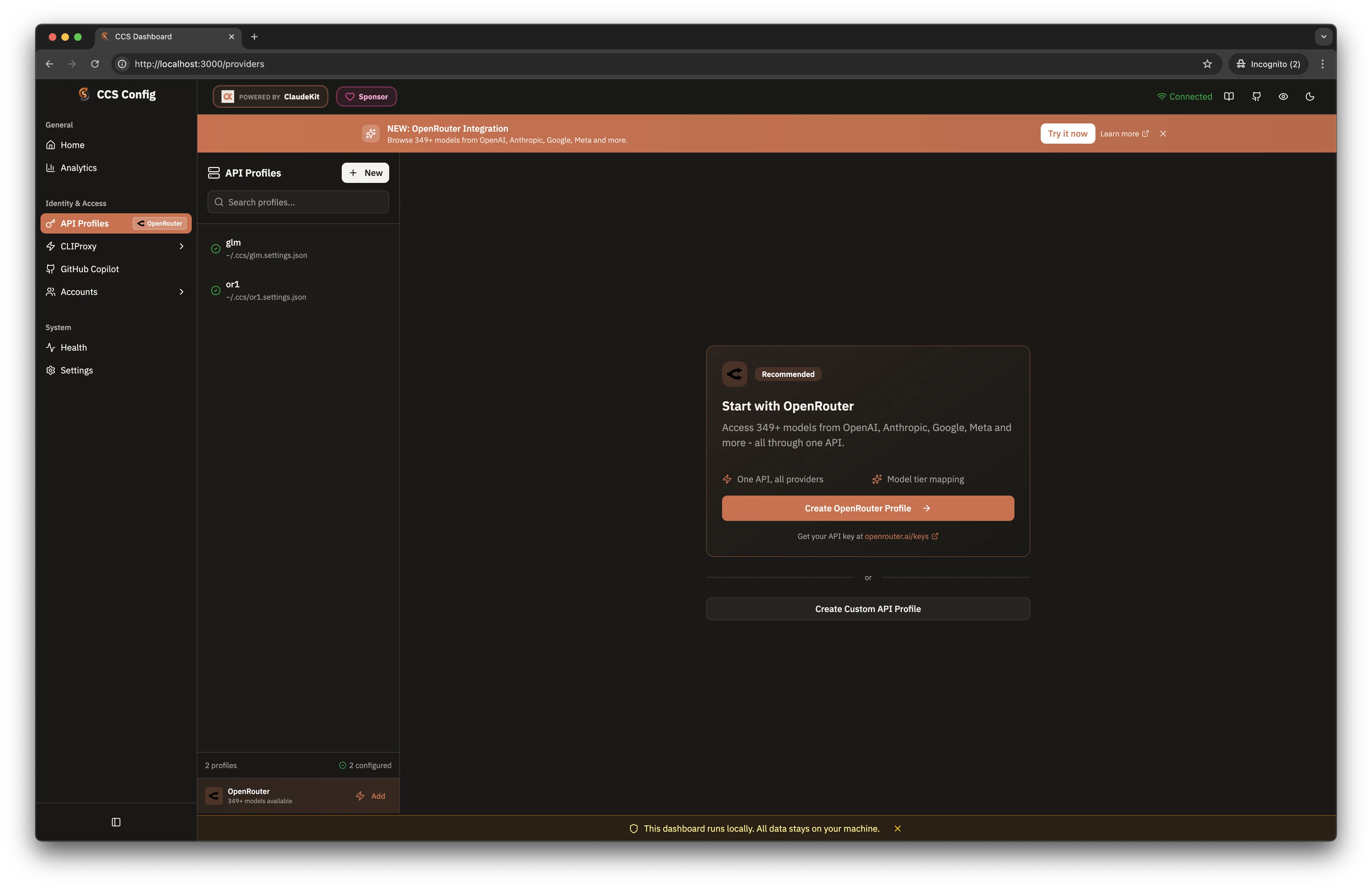 OpenRouter API Profiles - Dark