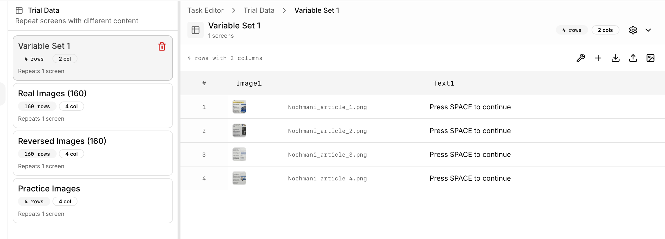 Task Editor Variables View showing spreadsheet editor