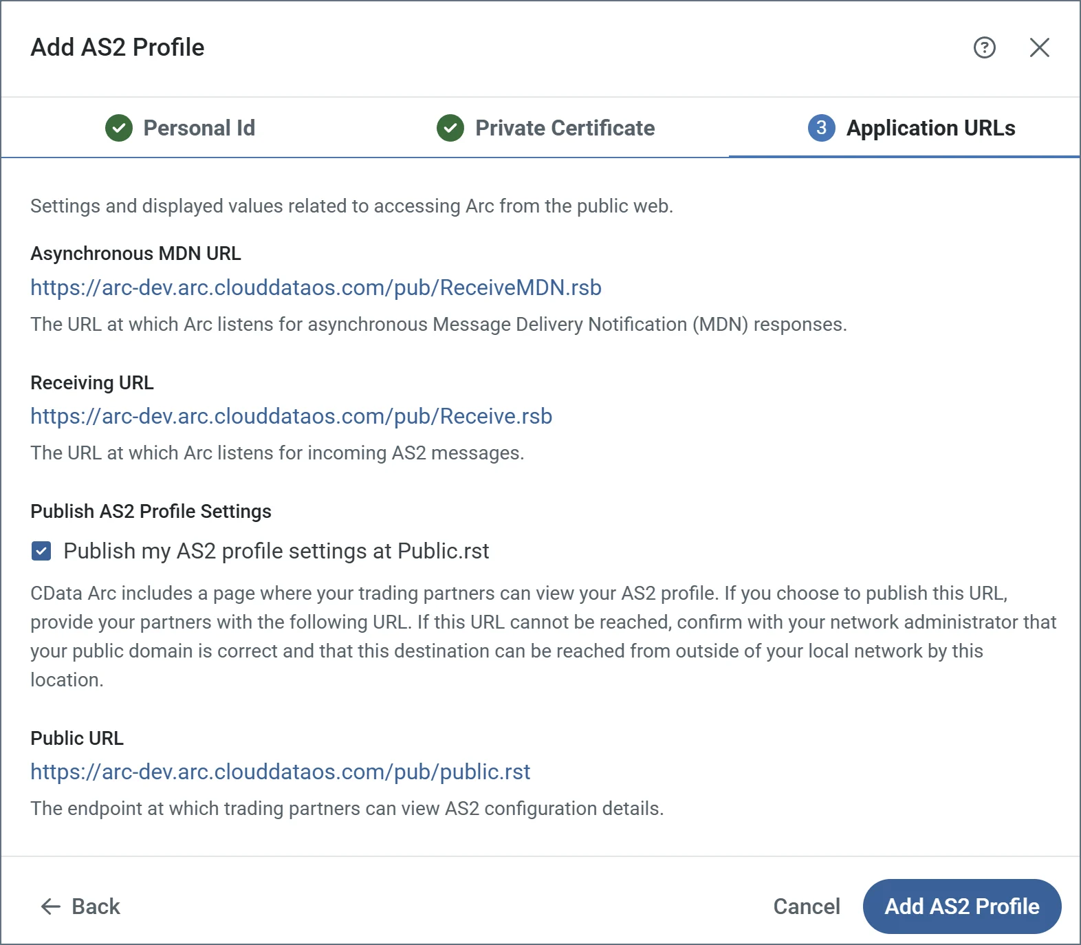 Application URLs section of the AS2 profile