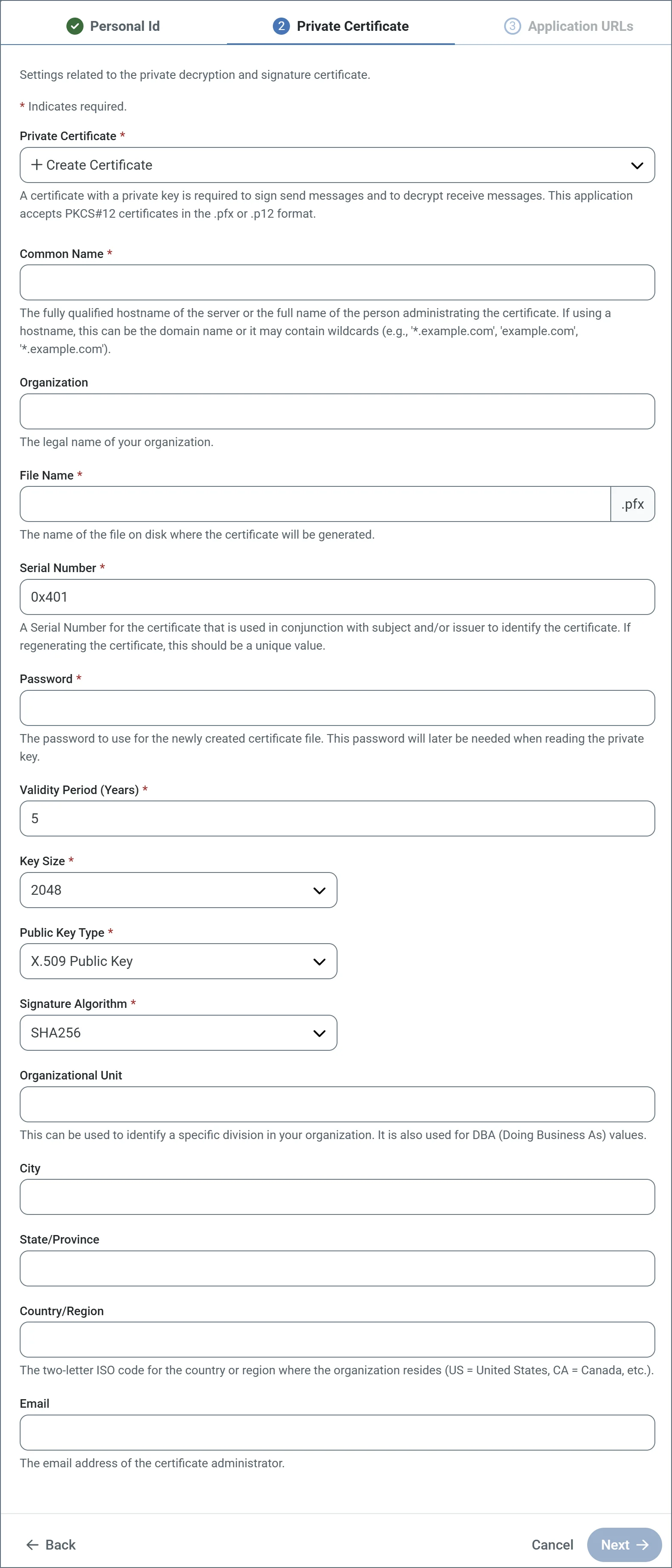 Create Certificate option in the Private Certificate dropdown