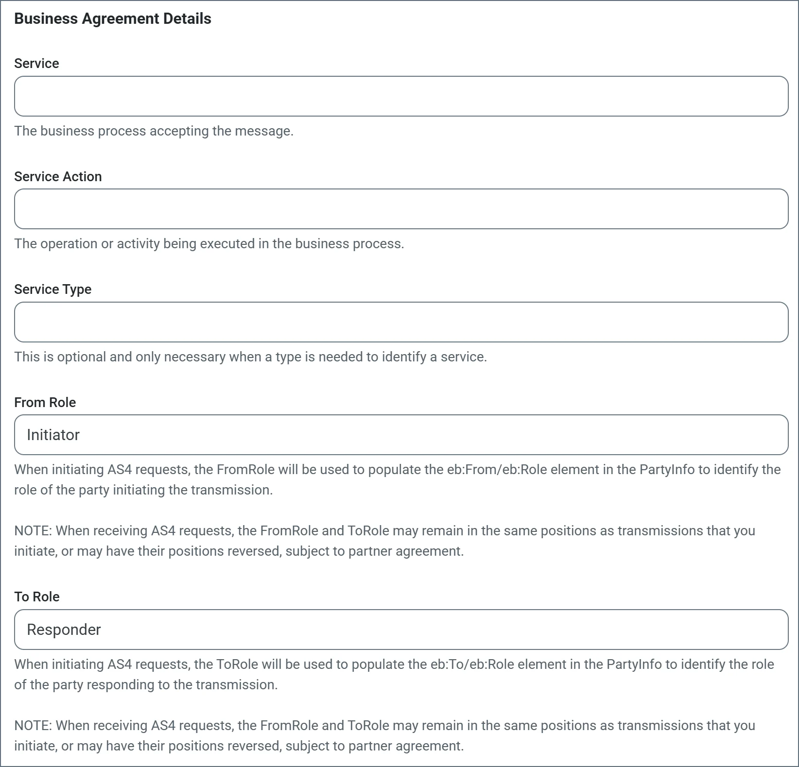 Business Agreement Details on the AS4 connector Settings tab