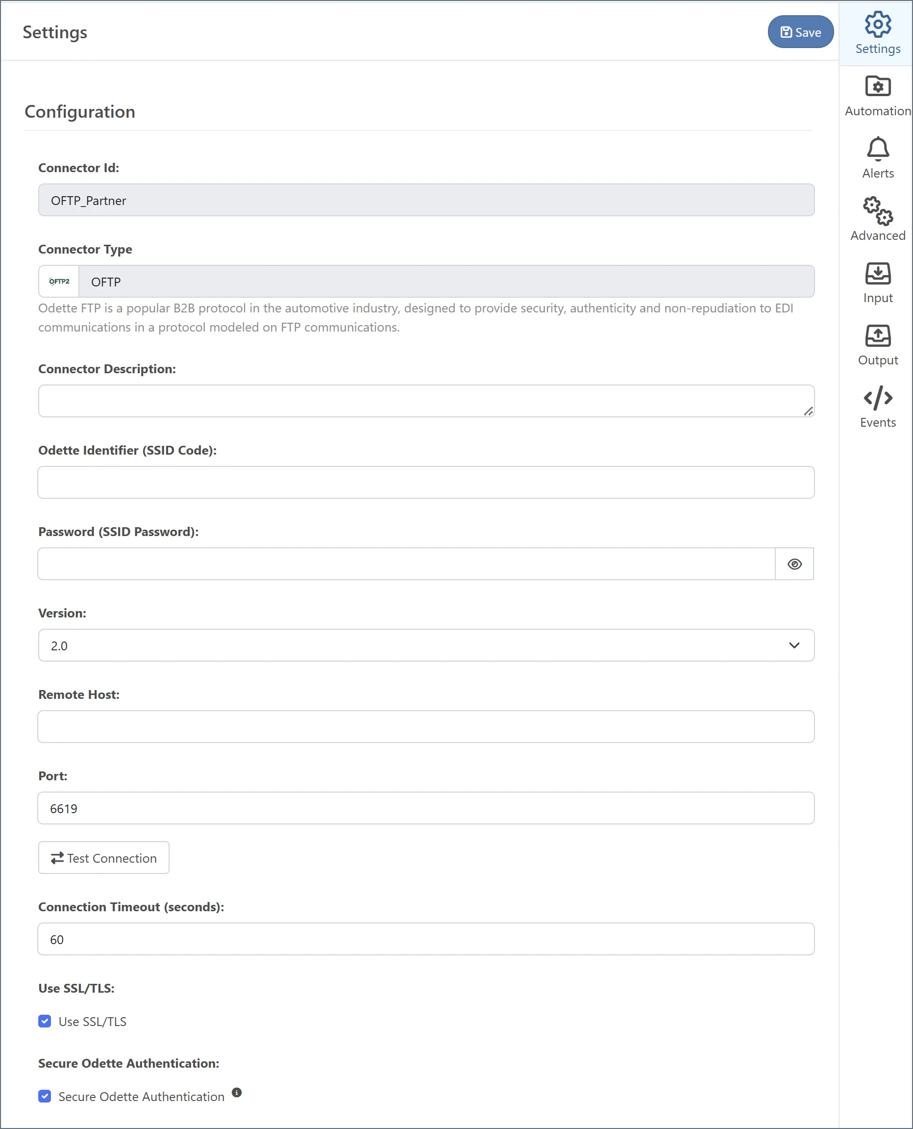 Host Configuration settings for OFTP connector
