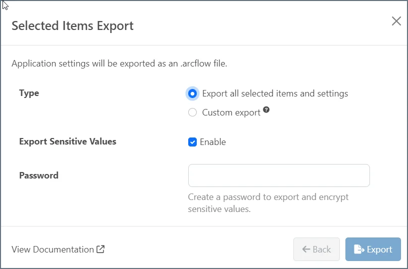 Connector selected items export dialog