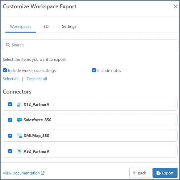Customize workspace export dialog