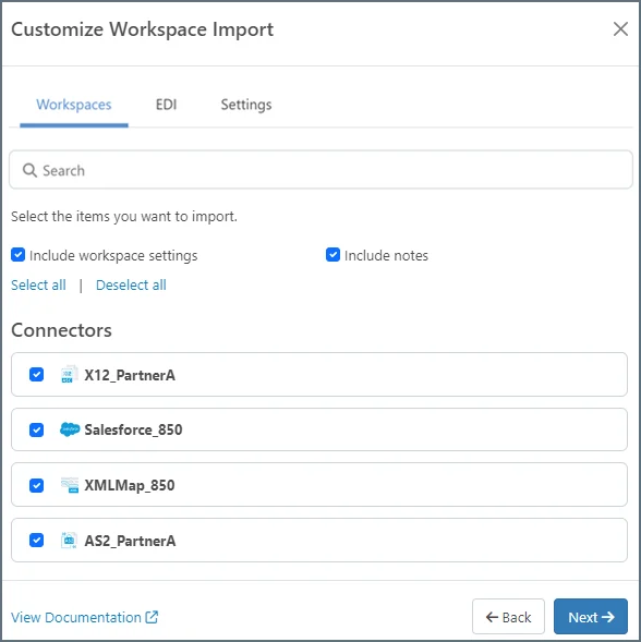 Customize workspace import dialog