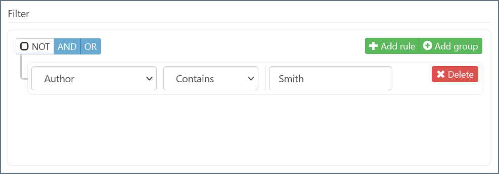 Filter rule on the Author column with Contains Smith condition