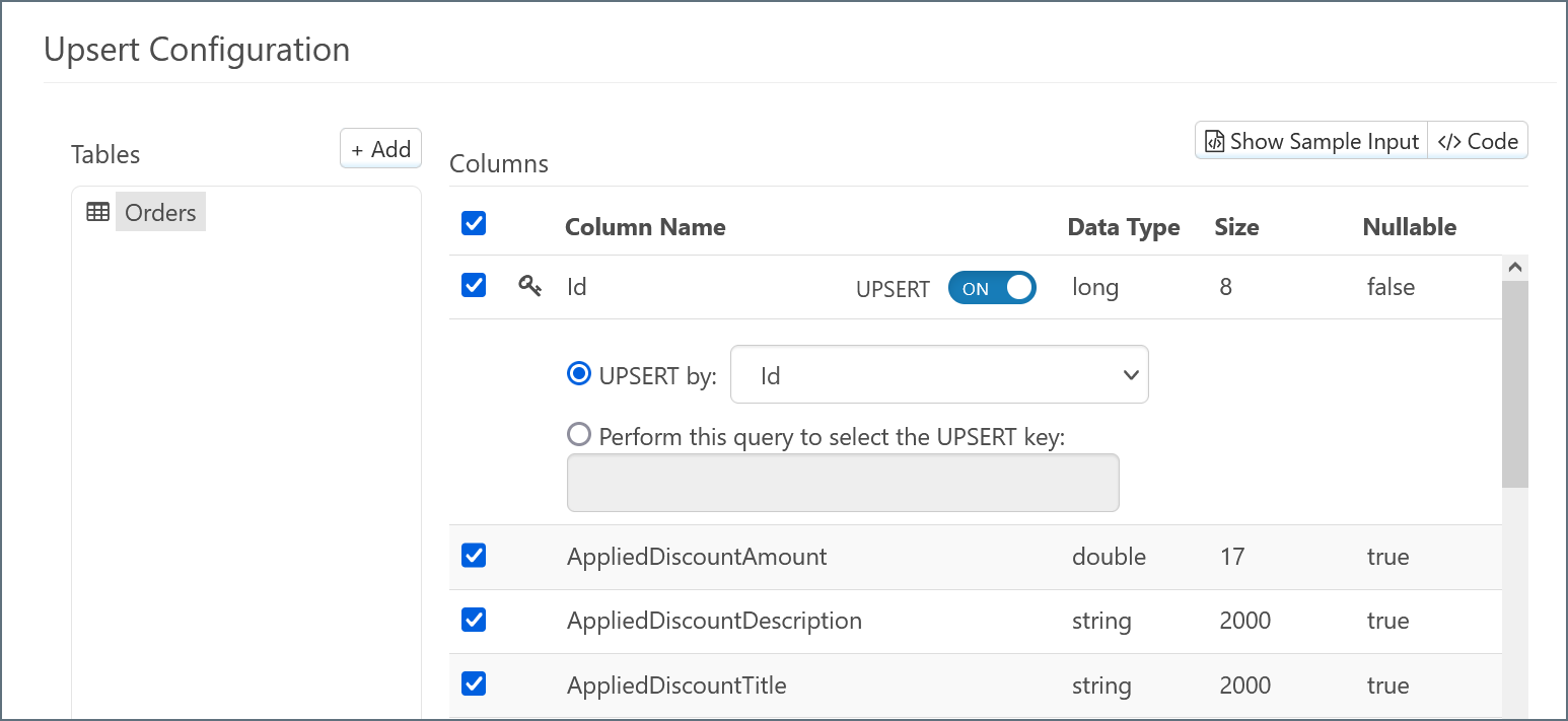 The Upsert Configuration panel with the Orders table selected, showing the Columns pane with the Id column's UPSERT toggle set to ON and the UPSERT by field set to Id.