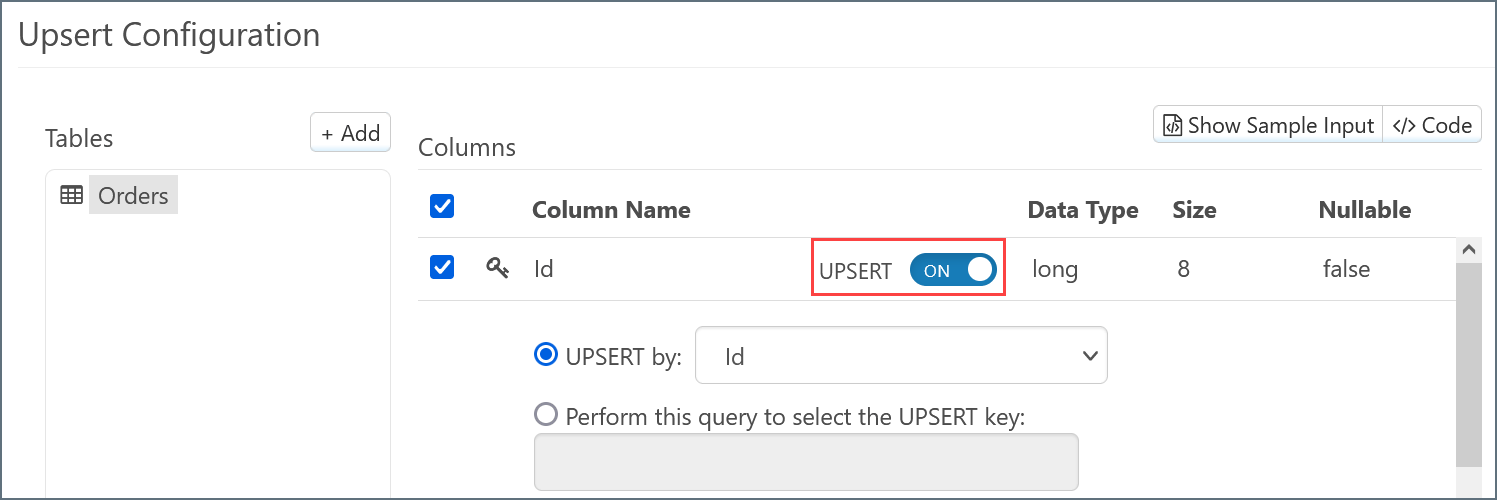 The Upsert Configuration panel with the UPSERT ON toggle highlighted on the Id column.