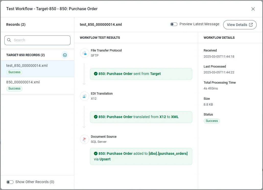Successful active incoming workflow test results