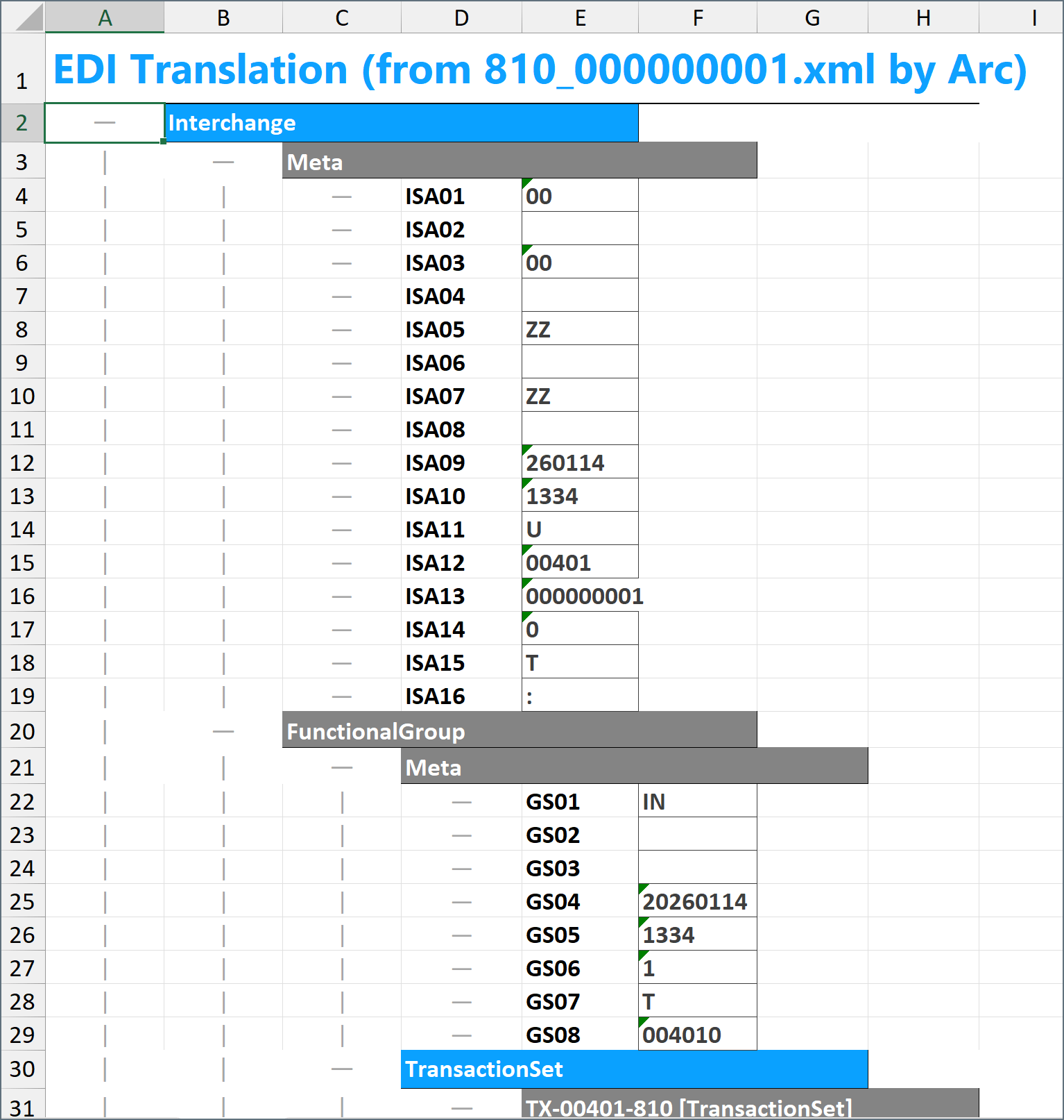 スタイル付きのX12 810 インボイスを表示するExcel のアウトプット