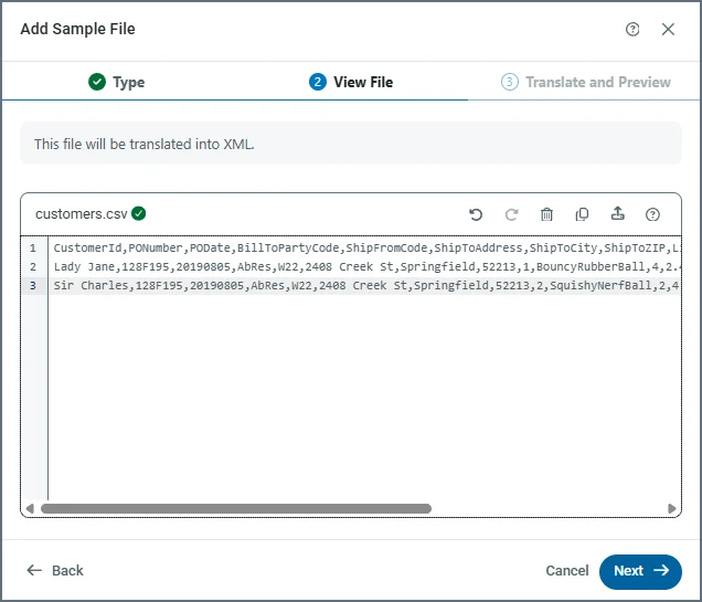 Sample CSV file contents