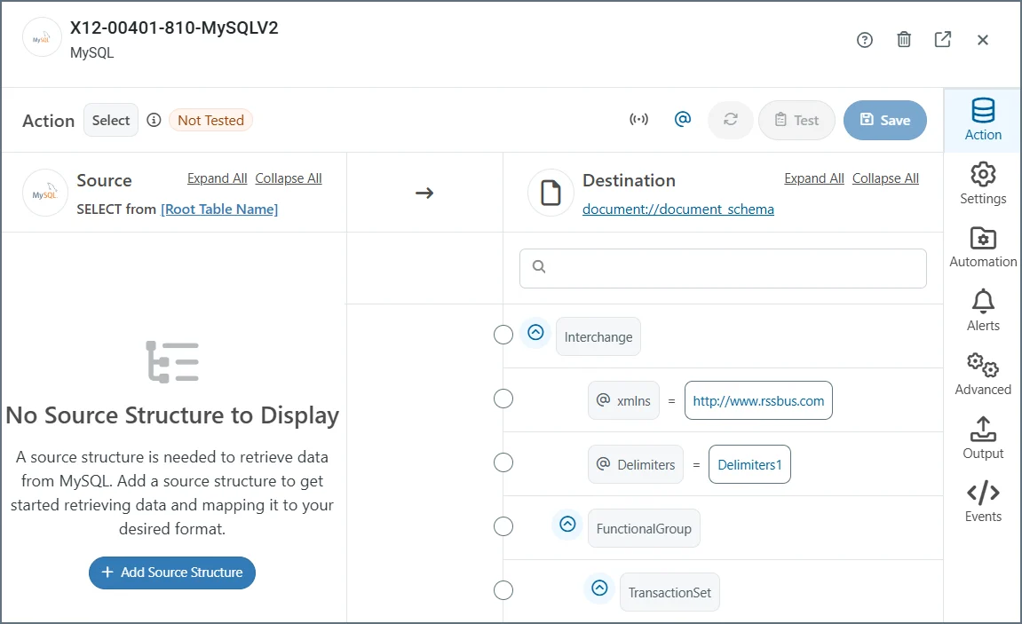 Mapping start page showing Action tab