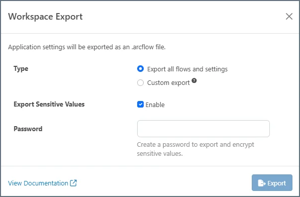 Workspace export dialog