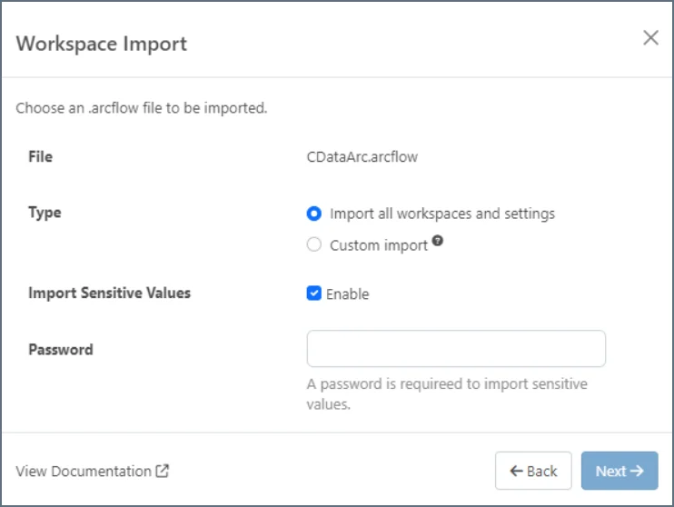 Workspace import dialog