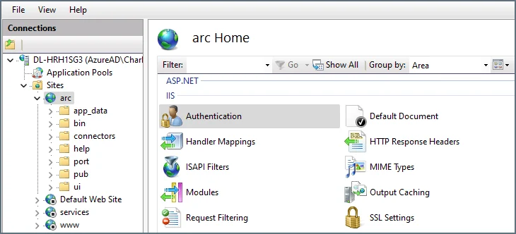 IIS authentication settings page
