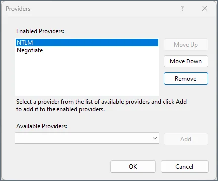 IIS authentication providers list