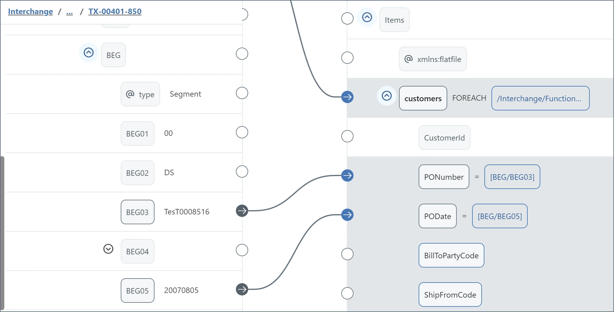 Simple leaf node mapping for PONumber