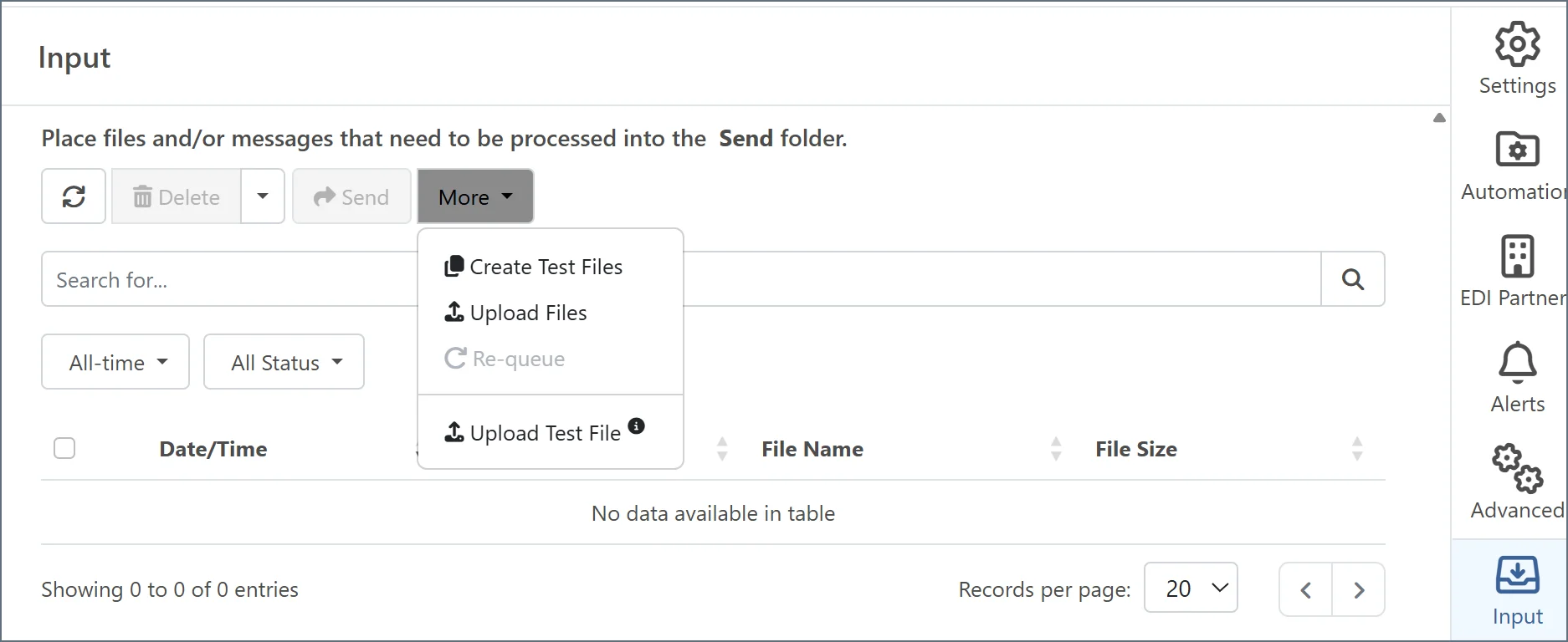 Upload Test File option on the X12 connector Transactions tab
