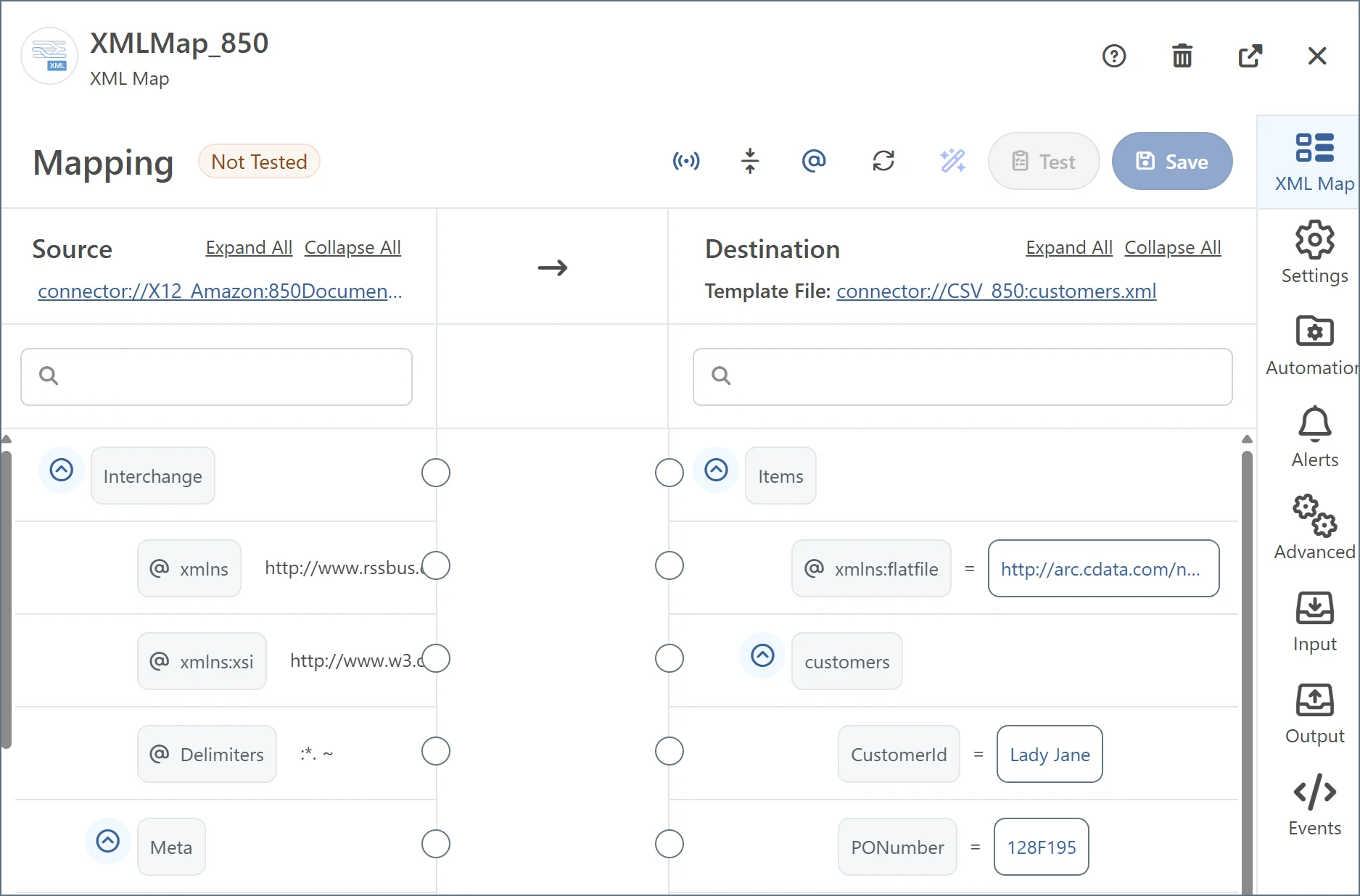 XML Map connector visual designer