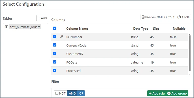 MySQL Select configuration with test_purchase_orders table