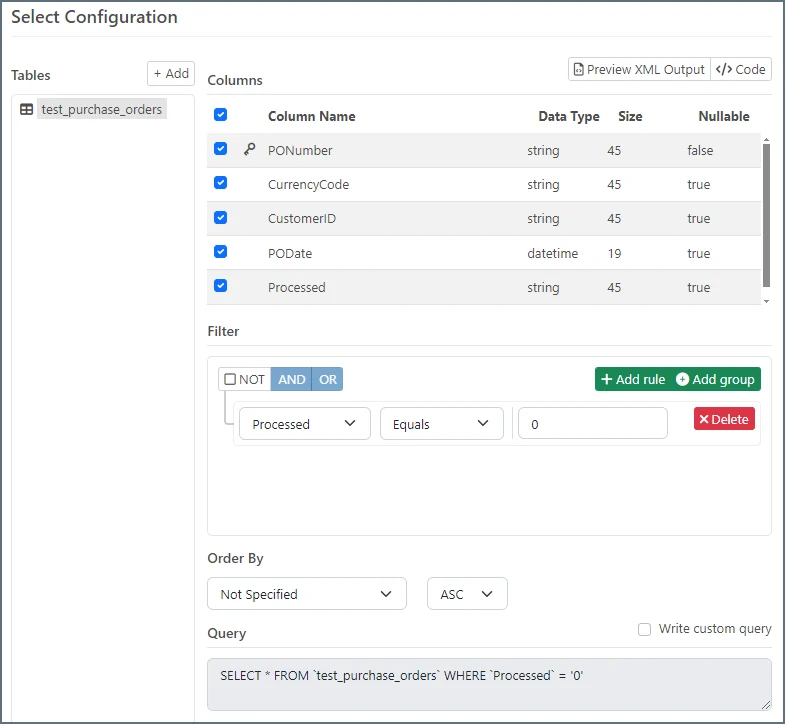 MySQL Select configuration with Processed filter