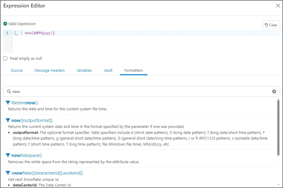 Node Value Editor showing the now() date formatter