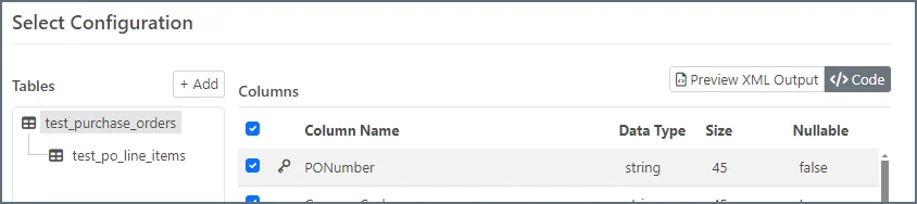 MySQL connector code view showing XML output structure