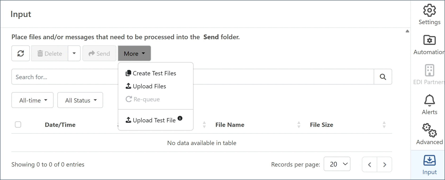 Upload Files option on the X12 connector Transactions tab