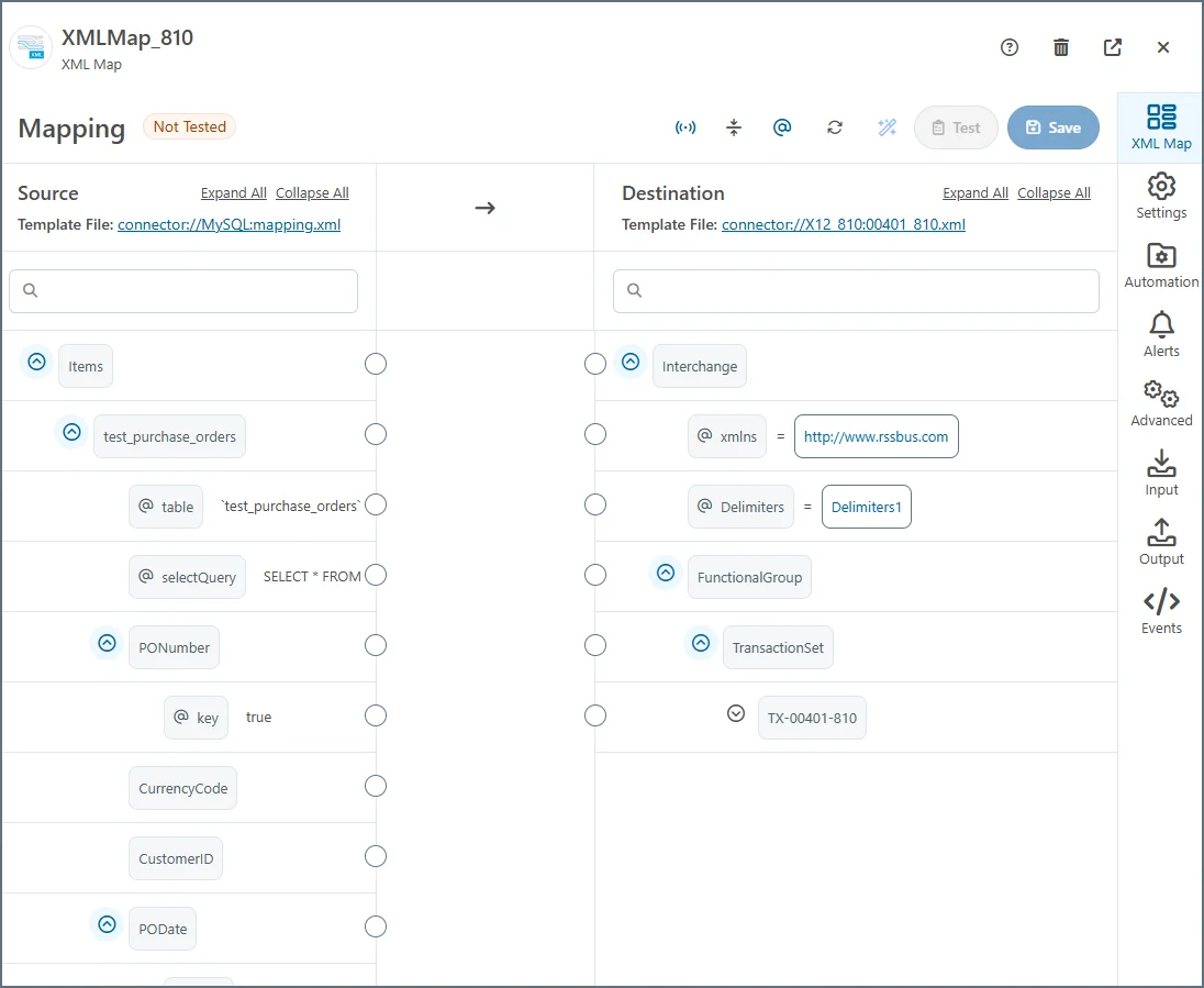 XML Map connector visual designer with MySQL and X12 structures
