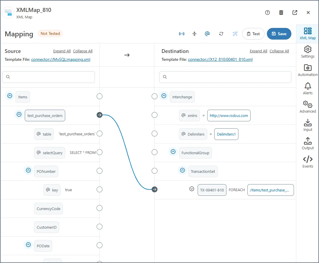 Dragging test_purchase_orders onto TX-00401-810 to create a Foreach loop