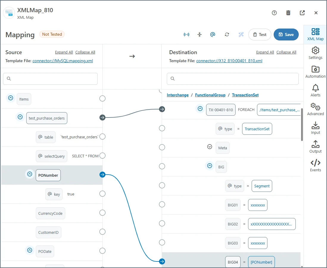 Mapping PONumber to BIG04 in the XML Map connector