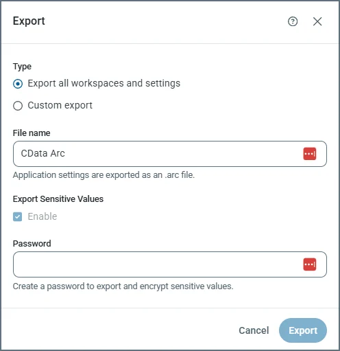 Migration export option on the Settings Advanced page